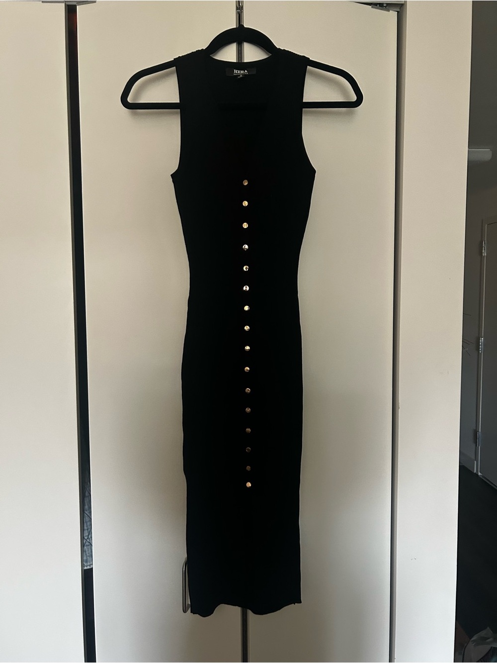 Hera Collection Black Sleeveless Midi Dress with Gold Buttons